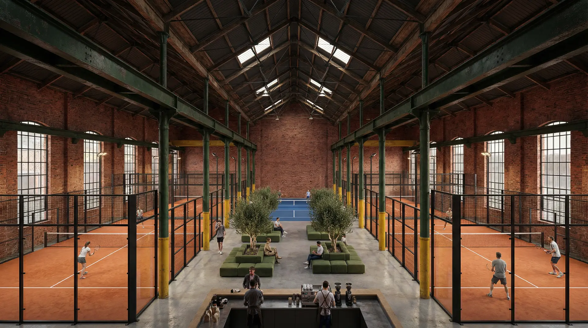 Proposed padel courts and social space inside the restored Loco Works workshop hall