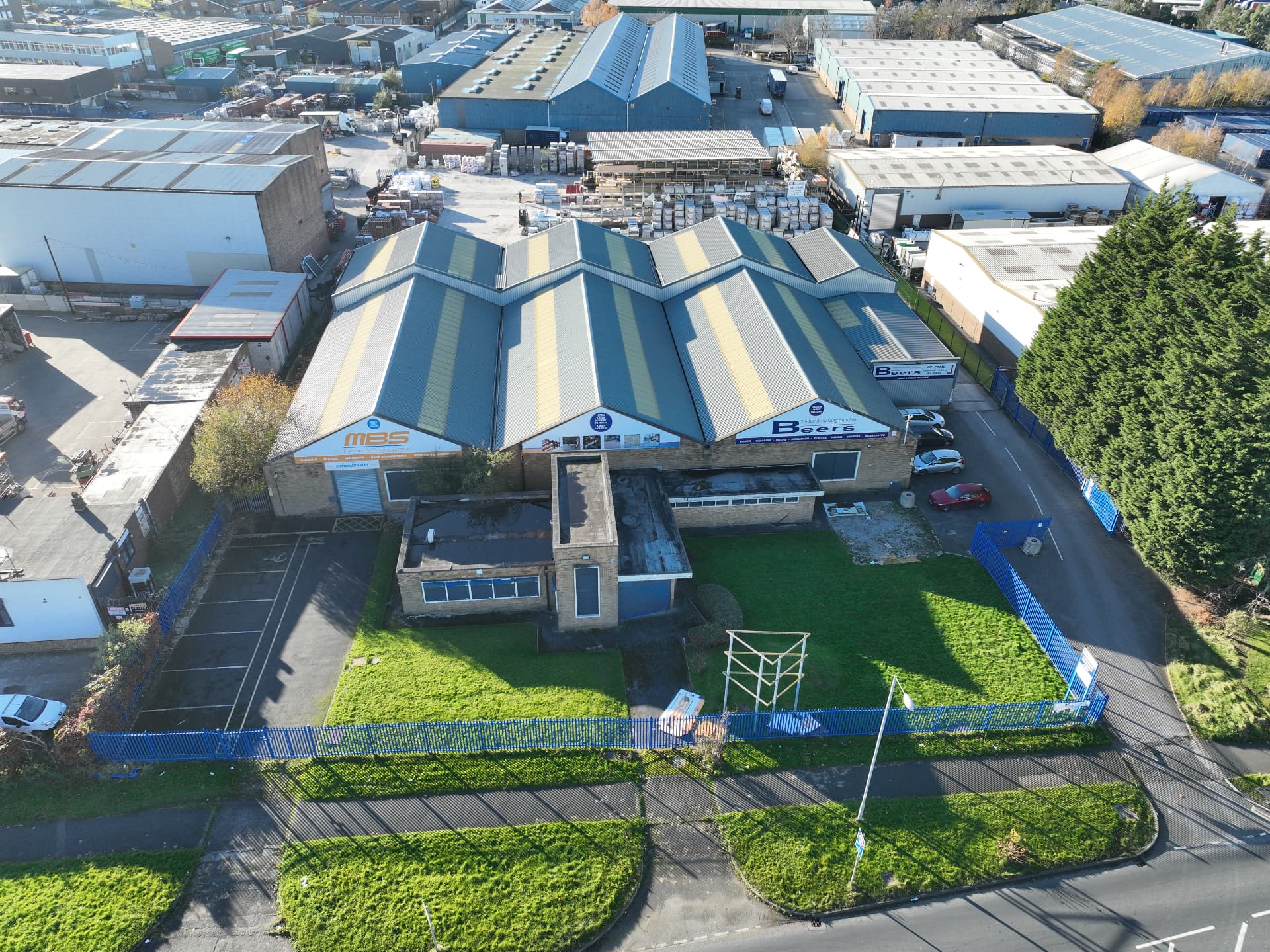 Aerial view of the Plot 14 trade counter site with Beers and MBS building supplies
