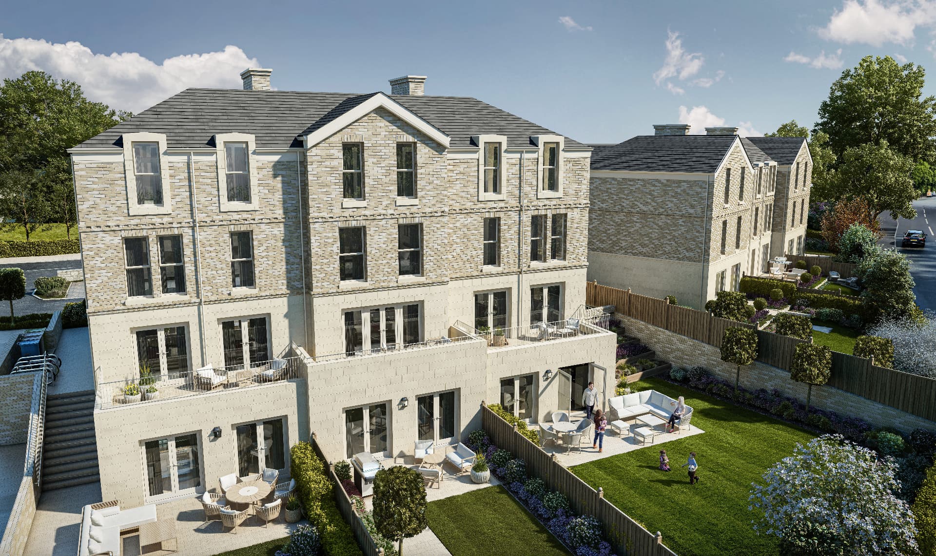 Rear CGI of the proposed Bowdon Townhouses, with garden terraces and private gardens